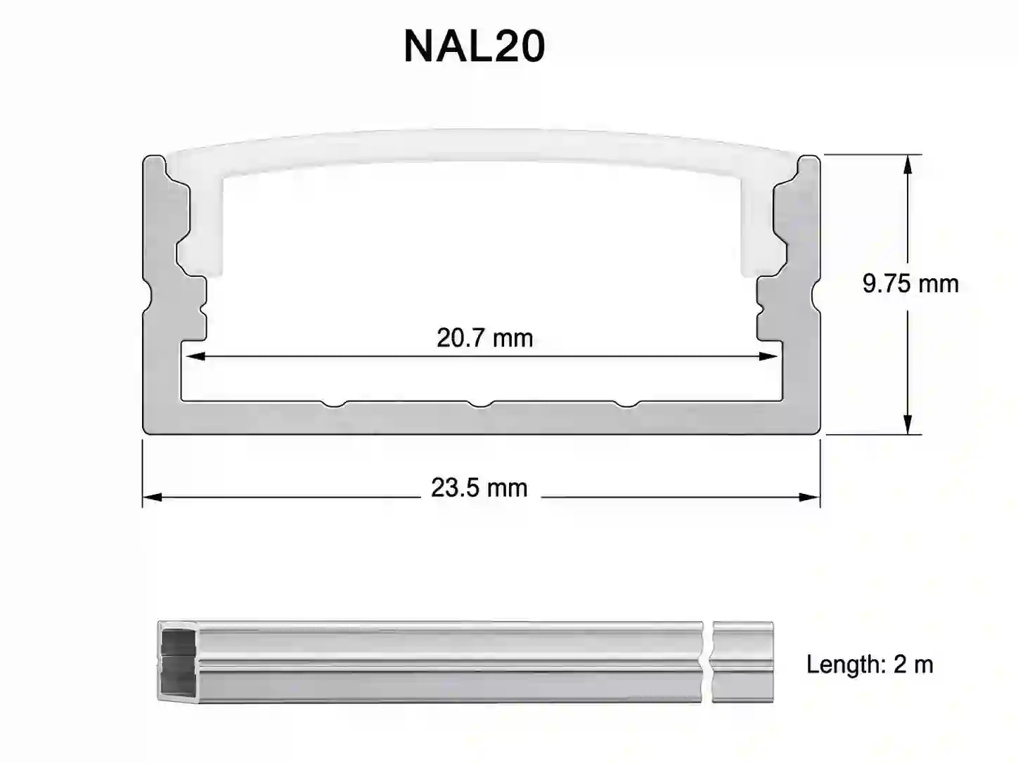Profil NAL20 stříbrný bez difuzoru pohled shora šíře 23,5mm kanál 20,7mm eloxovaný hliník 2 metry